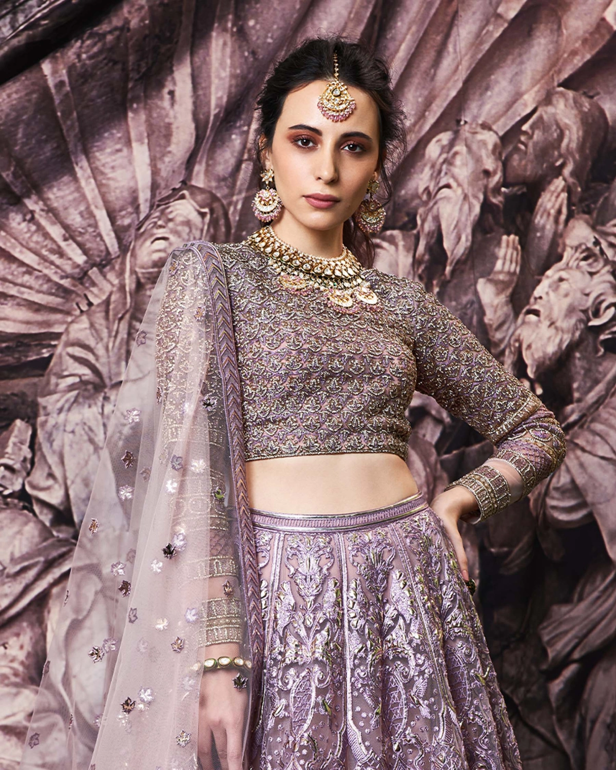 Carmen Golden Foil Lehenga Set With Dusty Pink
