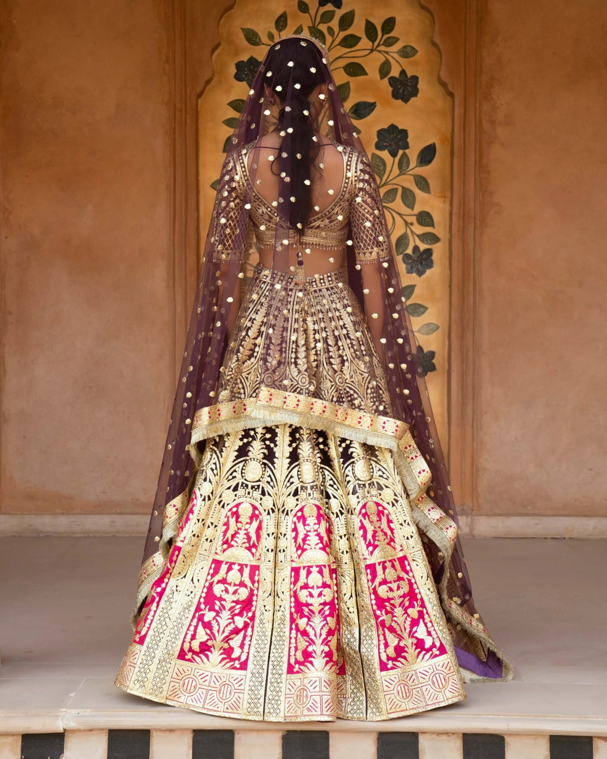 Caroline Purple-based, Golden And Pink Lehenga Set