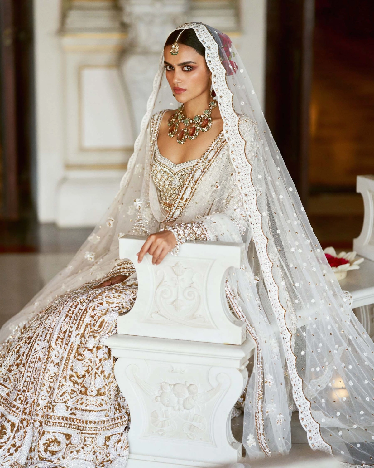 Celeste Ivory, Golden And Silver Lehenga Set With Full-sleeved Blouse