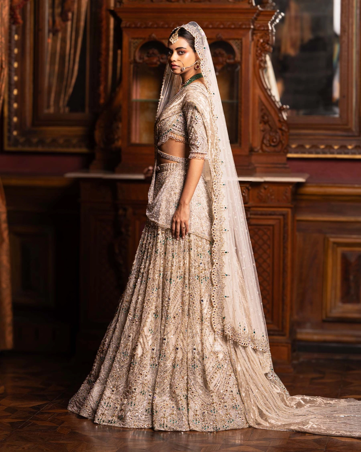 Abrielle Ivory Lehenga Set Skirt Replete With Silver Embroidery
