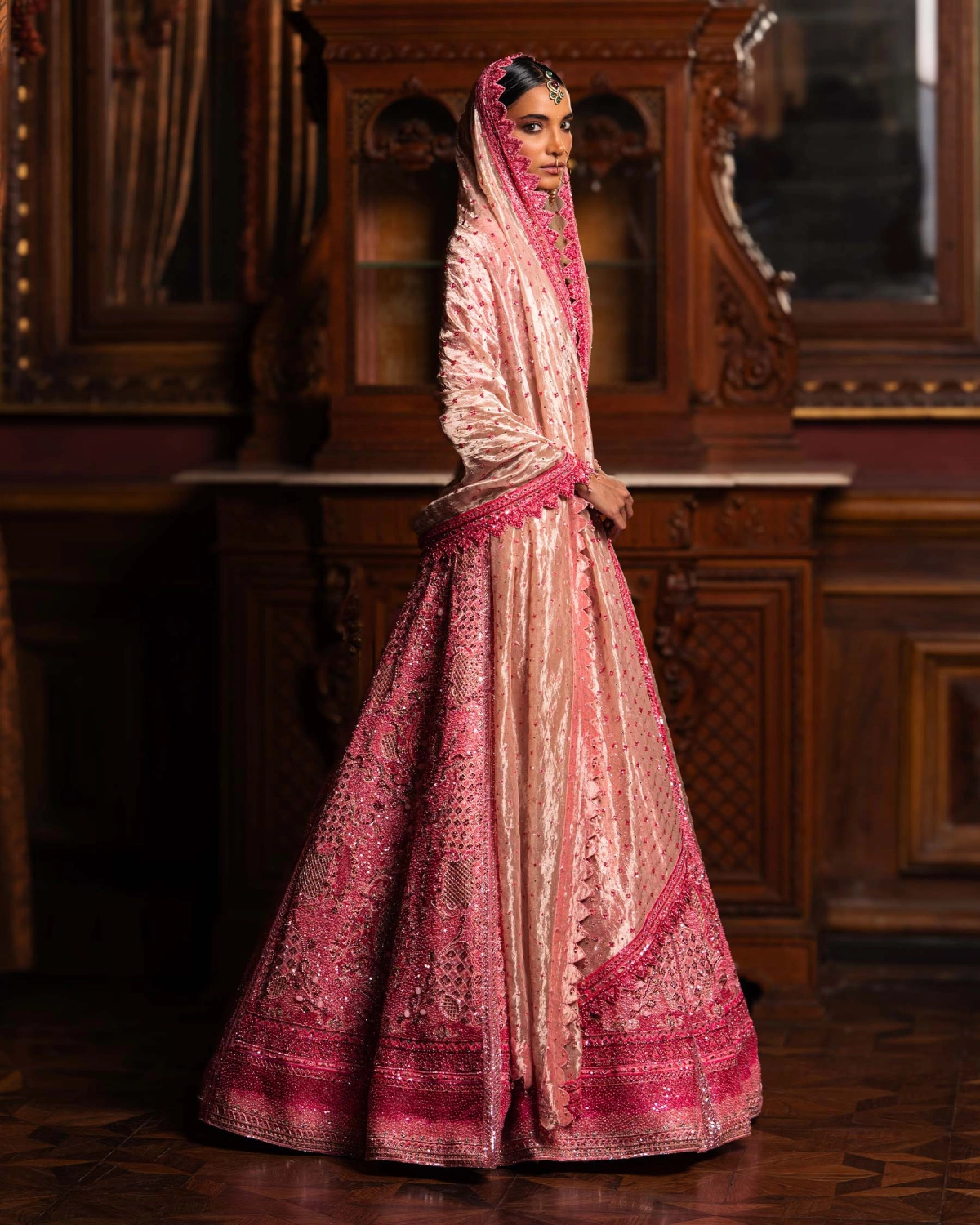 Adelyn Carmine Rose Pink Lehenga Set Skirt Replete With Pink Thread
