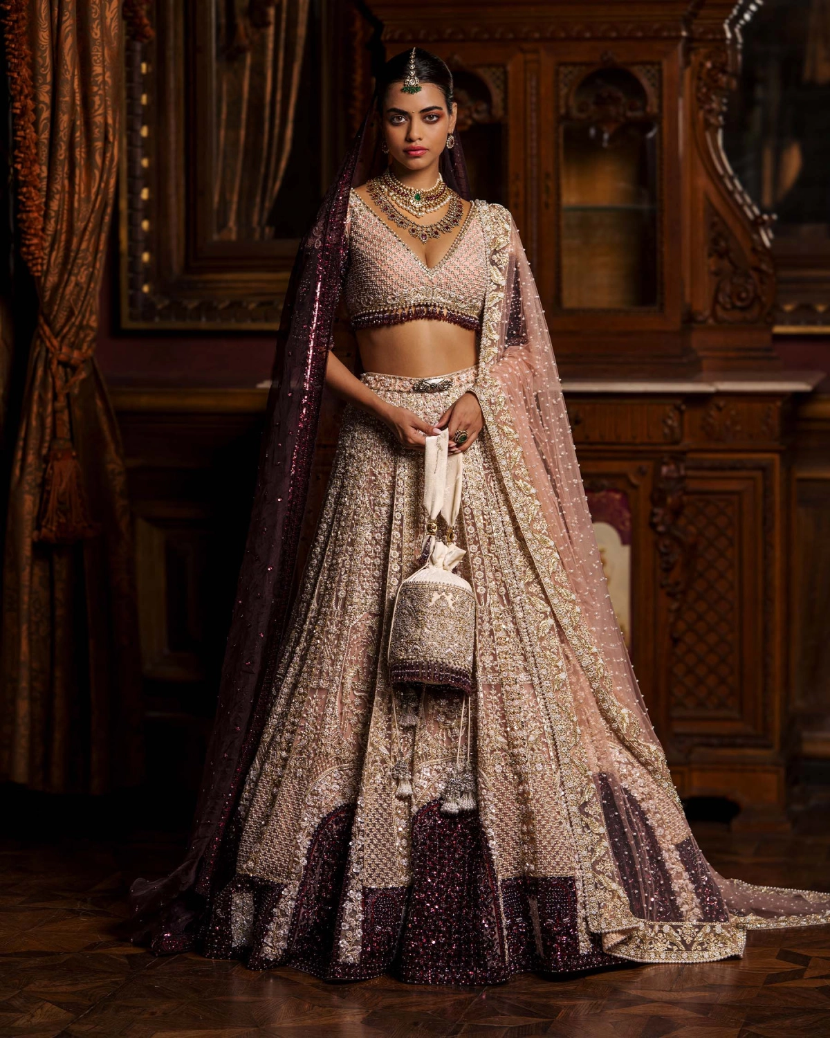 Alida Faded Rose Pink-based, Ivory, Golden And Maroon Lehenga Set