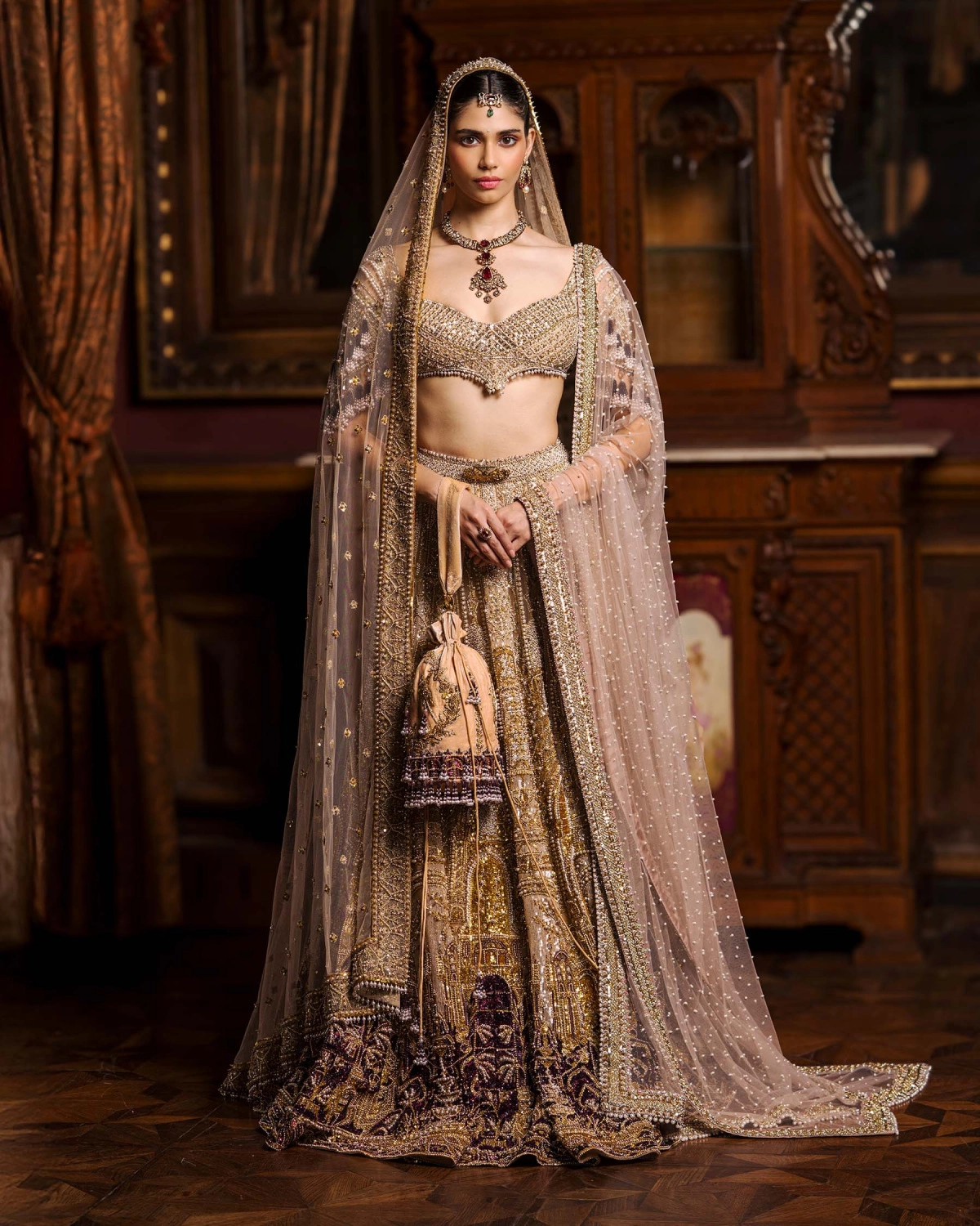 Alodie Faded Mauve-based, Ivory, Golden And Maroon Lehenga Set