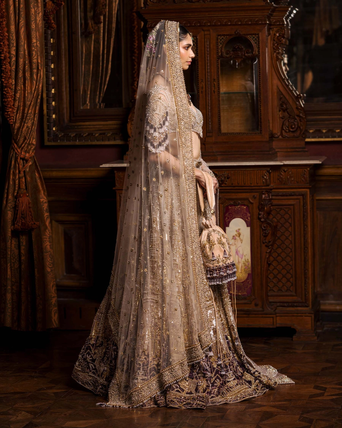Alodie Faded Mauve-based, Ivory, Golden And Maroon Lehenga Set