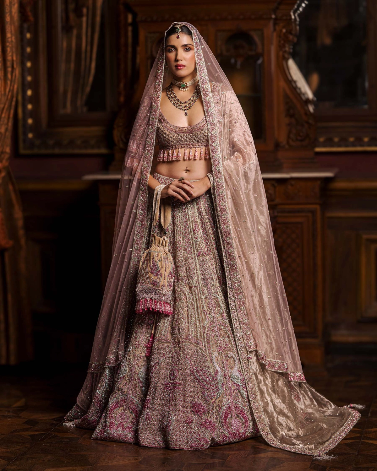 Alphosine Beige-based, Pink Lehenga Set With Intricate Embroidery