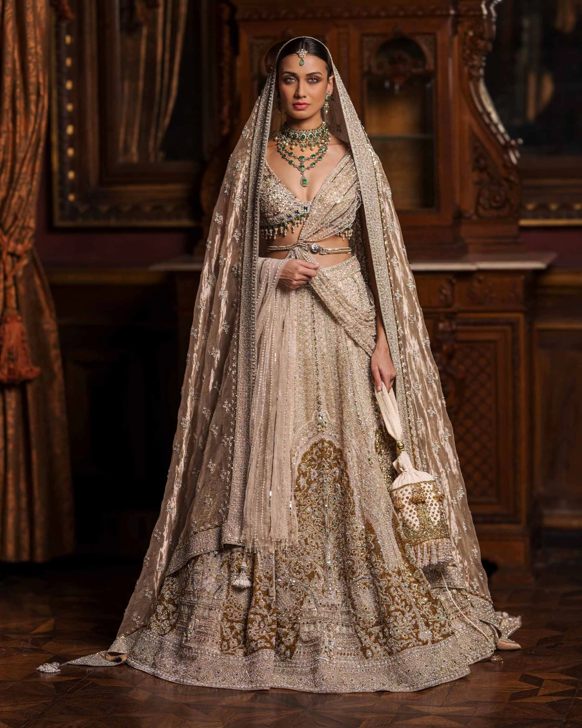 Daisy Beige & Golden Lehenga Set With Intricate Embroidery