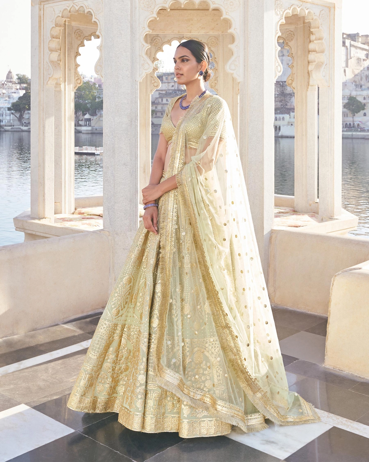 Harsya Sage Green Chrome Applique Georgette Lehenga Set