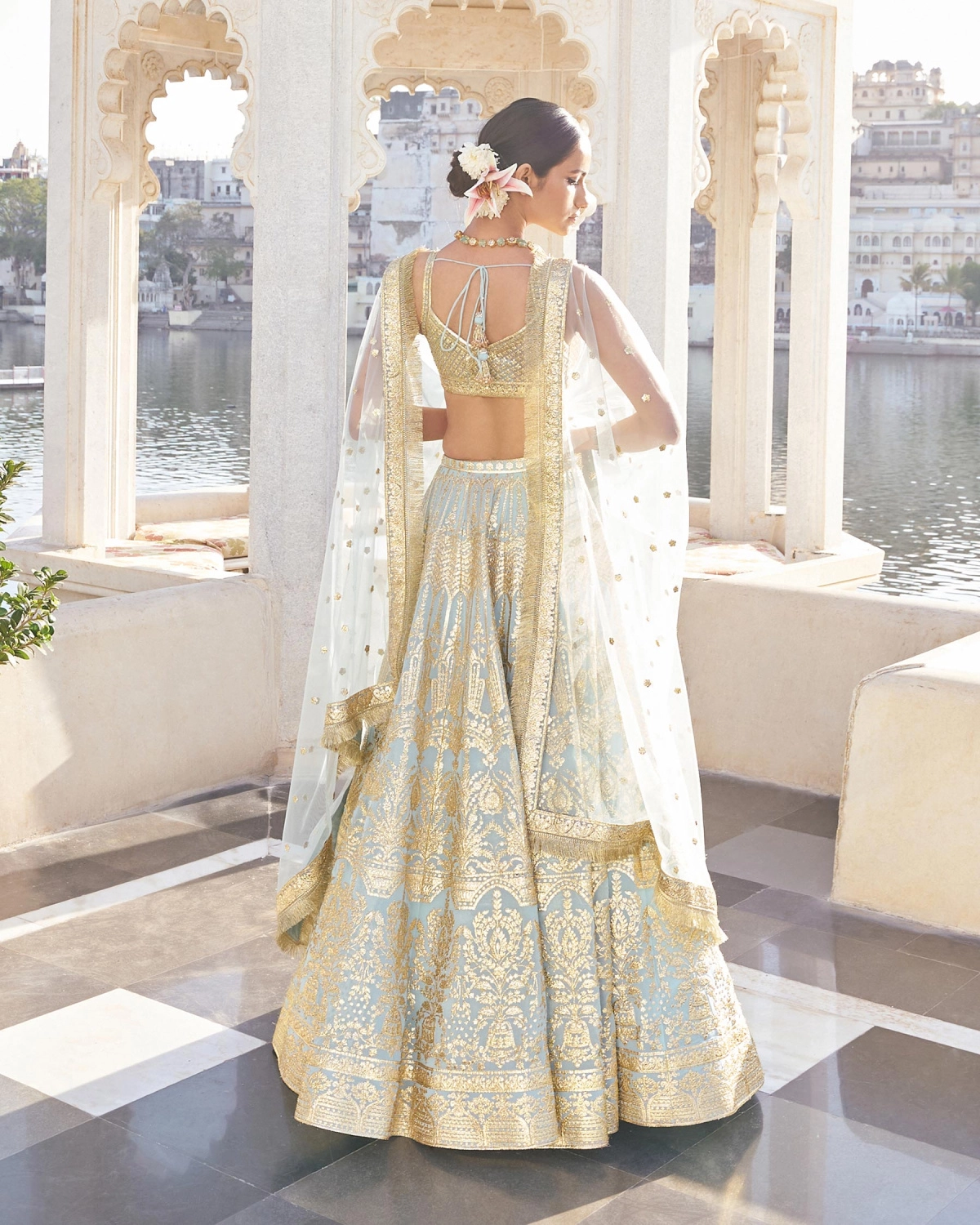 Havya Powder Blue-based, Chrome Applique Georgette Lehenga Set