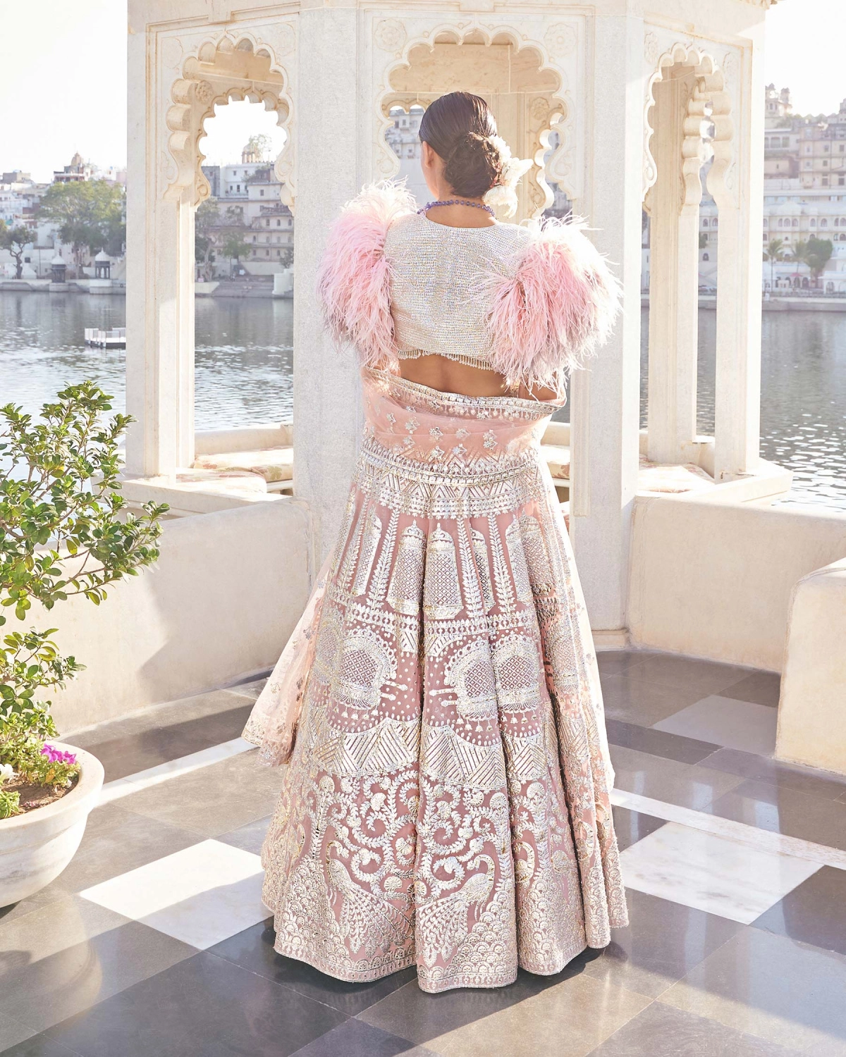 Gitali Peach Pink Chrome Applique Georgette Lehenga Set