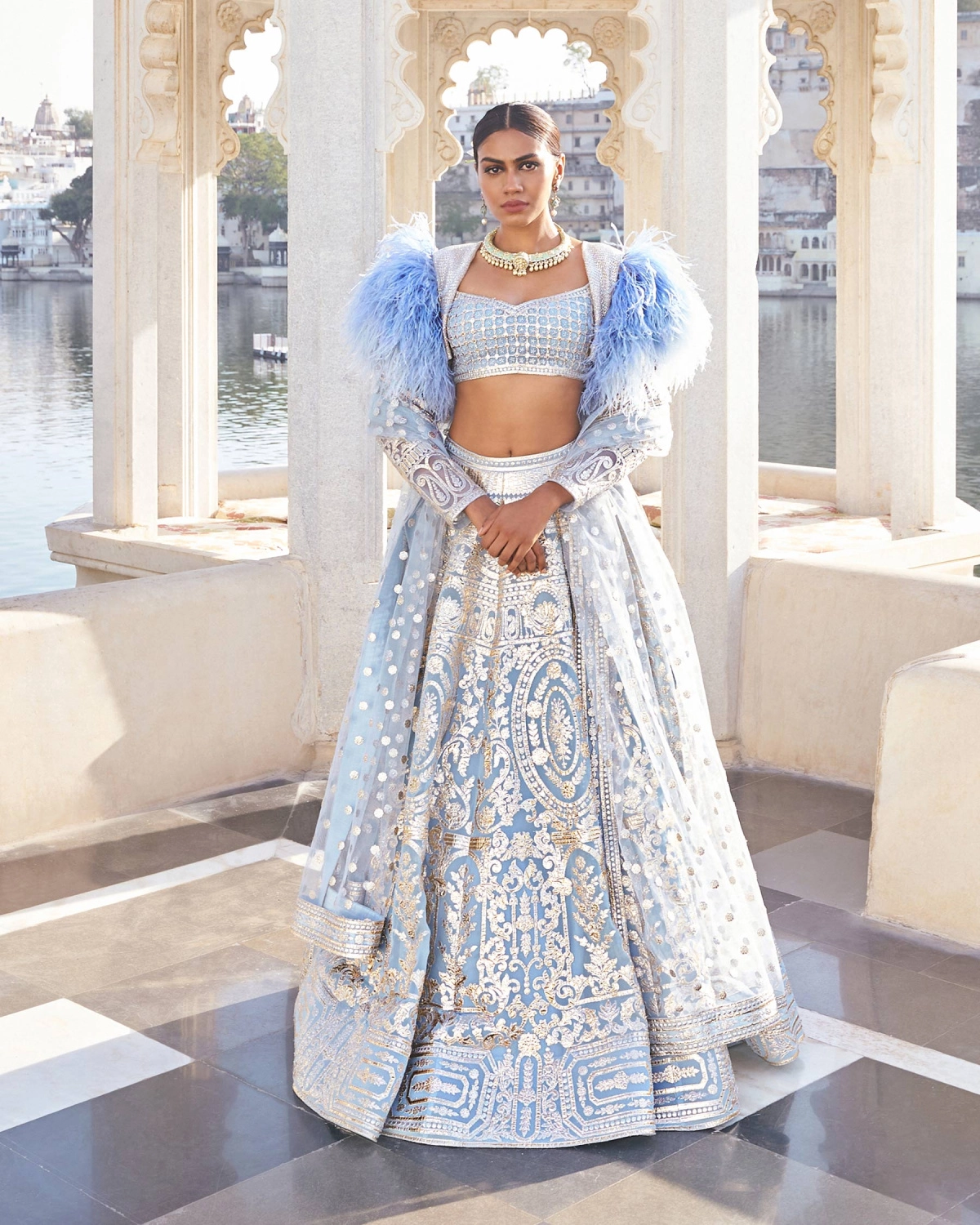 Gauri Powder Blue Chrome Applique Georgette Lehenga Set