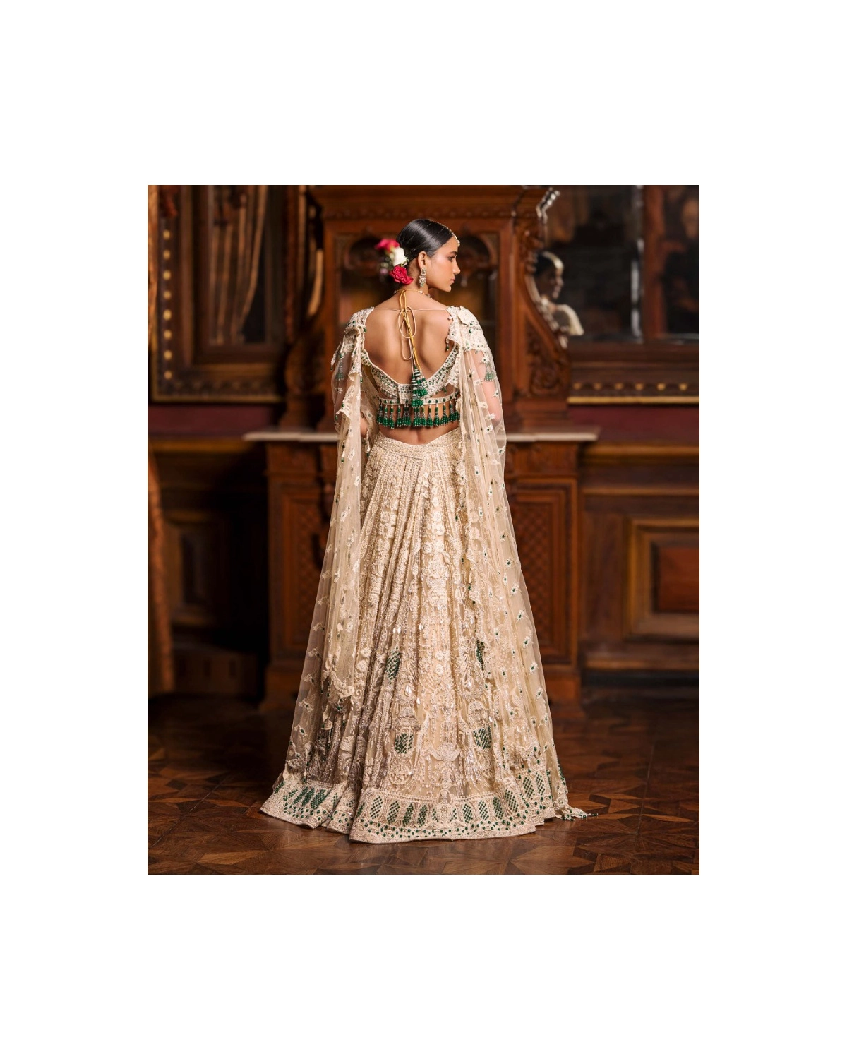 Avice Light Beige-based, Ivory And Emerald Lehenga Set With Emerald Stones