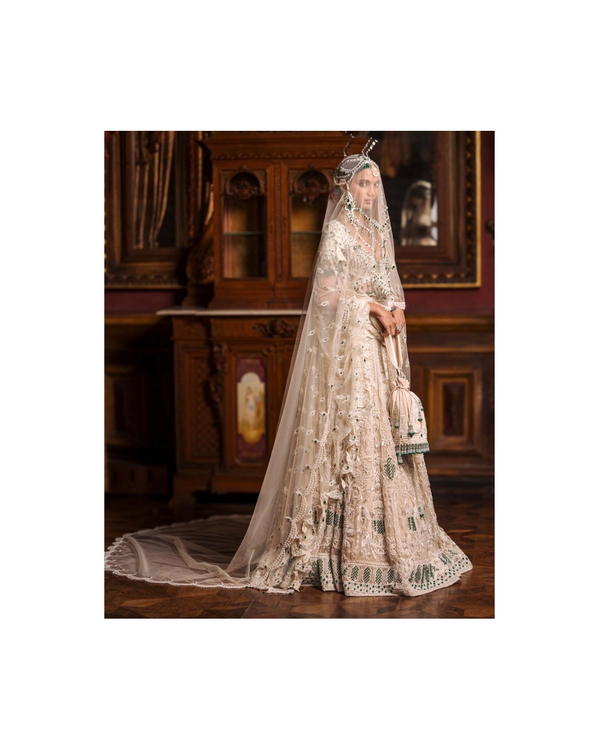 Avice Light Beige-based, Ivory And Emerald Lehenga Set With Emerald Stones