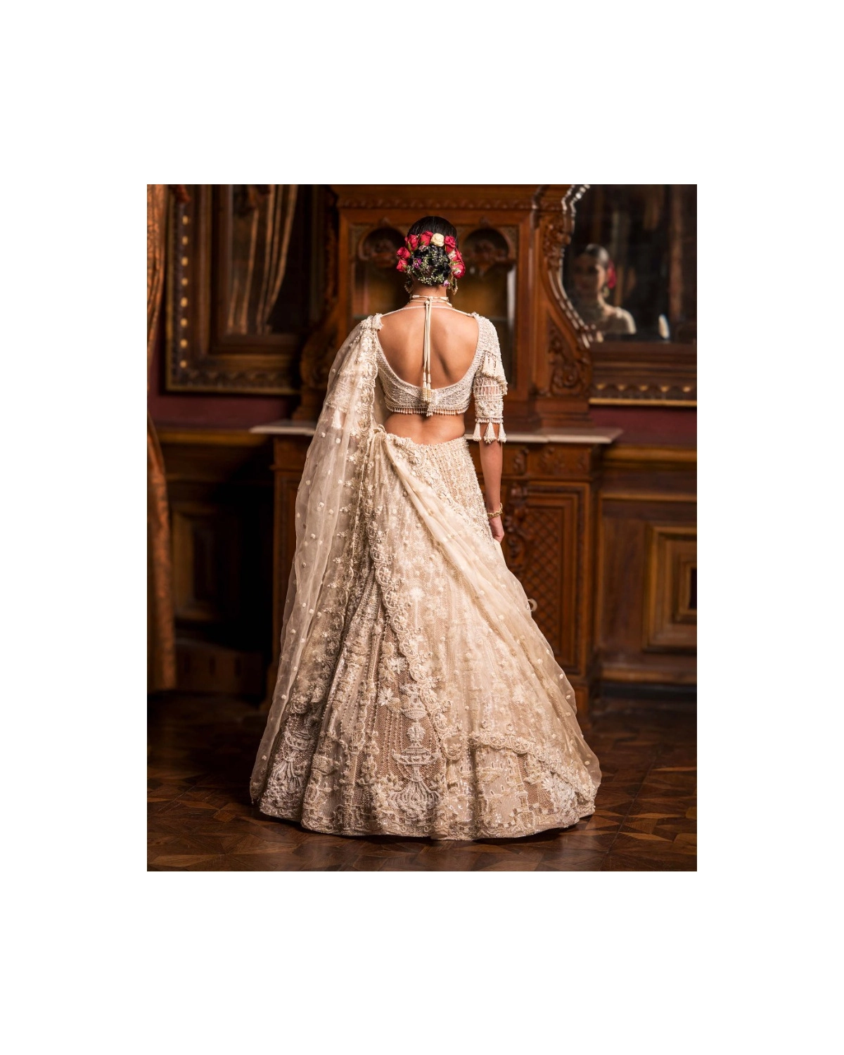 Evelyn Faded Beige-based Ivory Lehenga Set With Ivory Threadwork