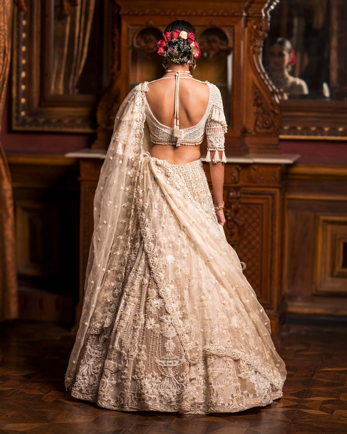 Evelyn Faded Beige-based Ivory Lehenga Set With Ivory Threadwork