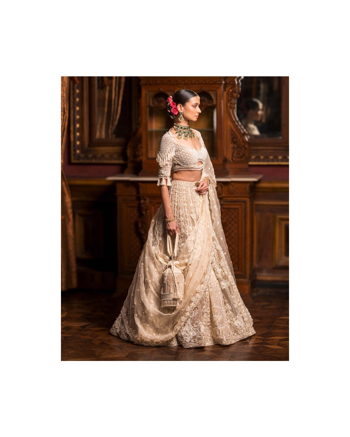 Evelyn Faded Beige-based Ivory Lehenga Set With Ivory Threadwork