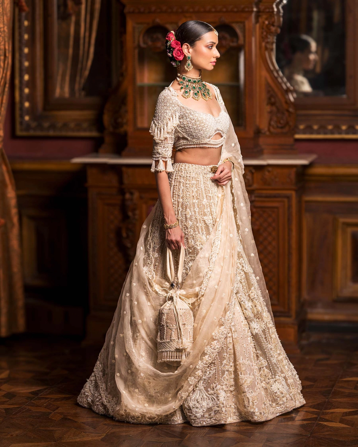 Evelyn Faded Beige-based Ivory Lehenga Set With Ivory Threadwork