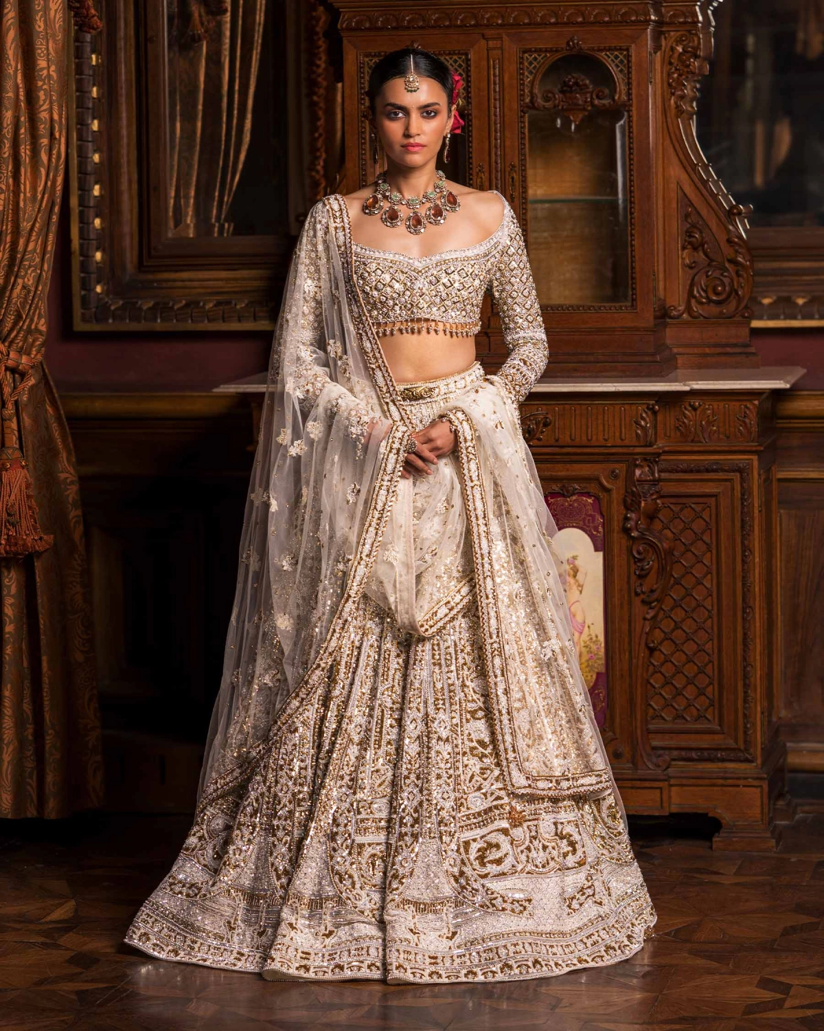 Celeste Ivory, Golden And Silver Lehenga Set With Full-sleeved Blouse