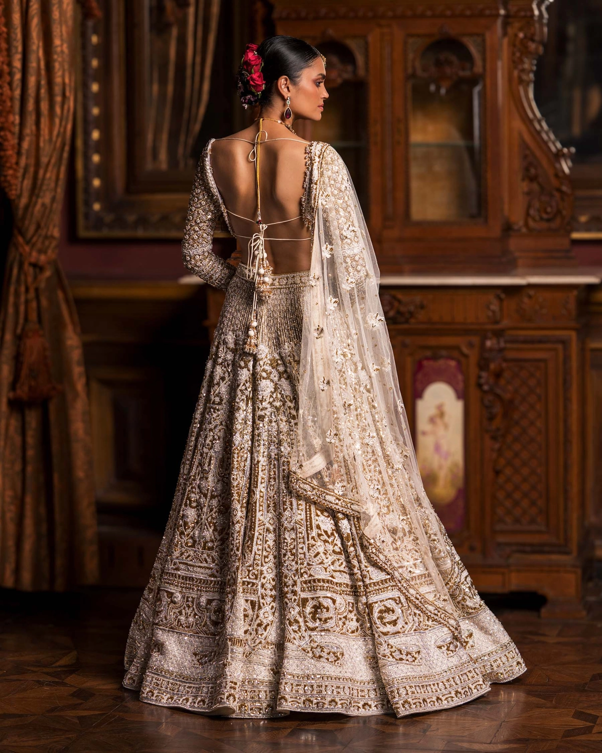 Celeste Ivory, Golden And Silver Lehenga Set With Full-sleeved Blouse