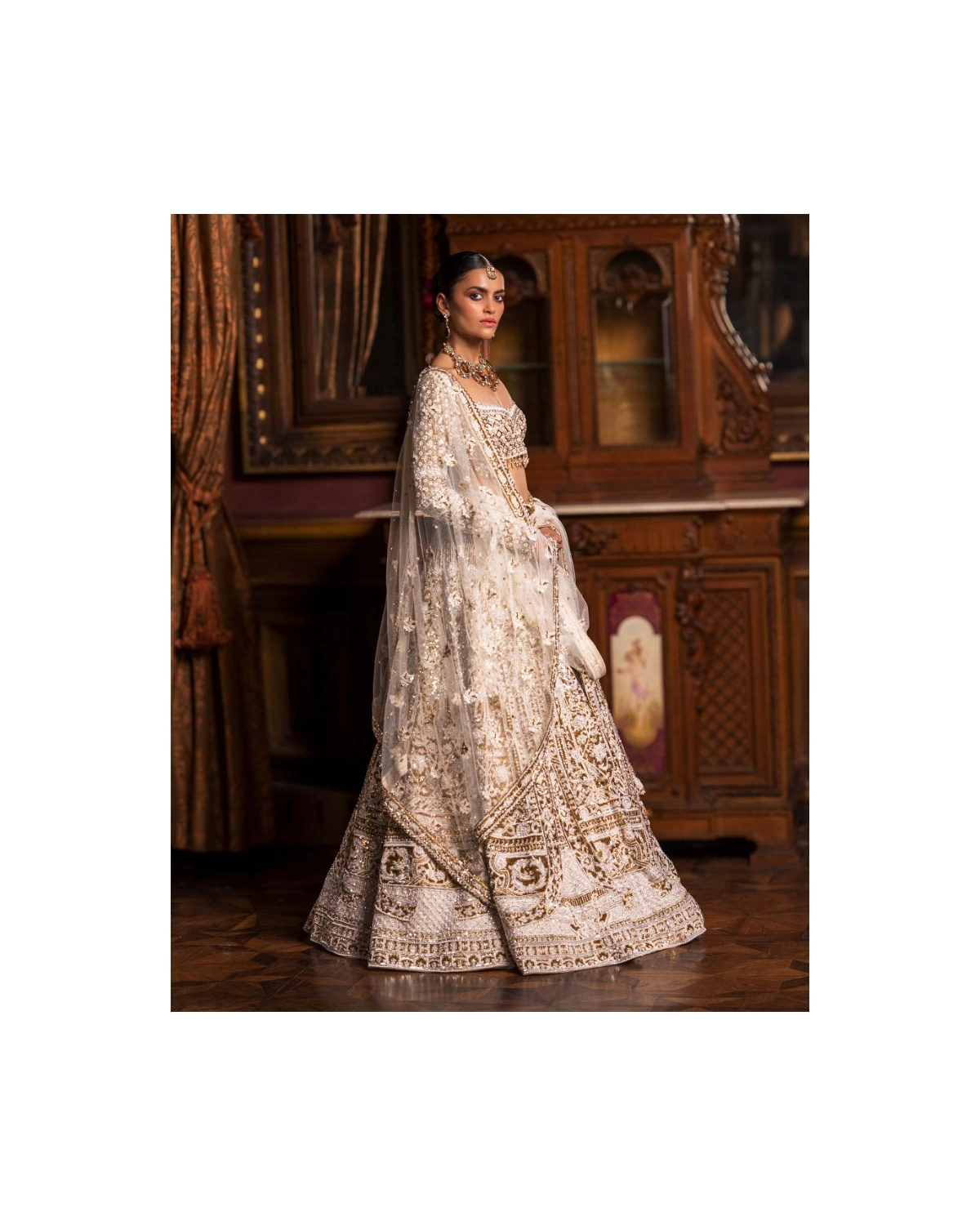 Celeste Ivory, Golden And Silver Lehenga Set With Full-sleeved Blouse