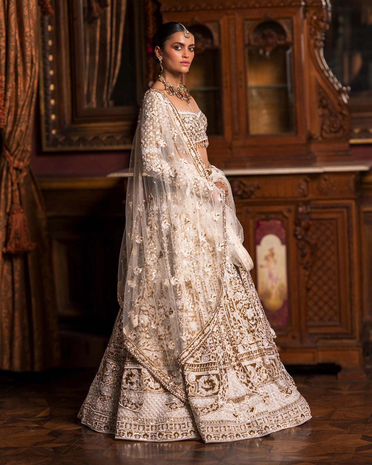 Celeste Ivory, Golden And Silver Lehenga Set With Full-sleeved Blouse