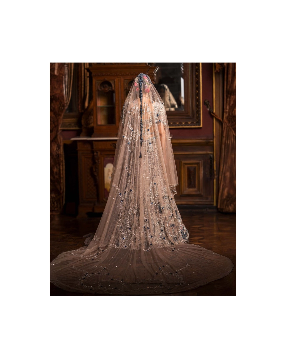 Clarisse Crystal Pink Lehenga Set With Golden And Royal Blue Motifs