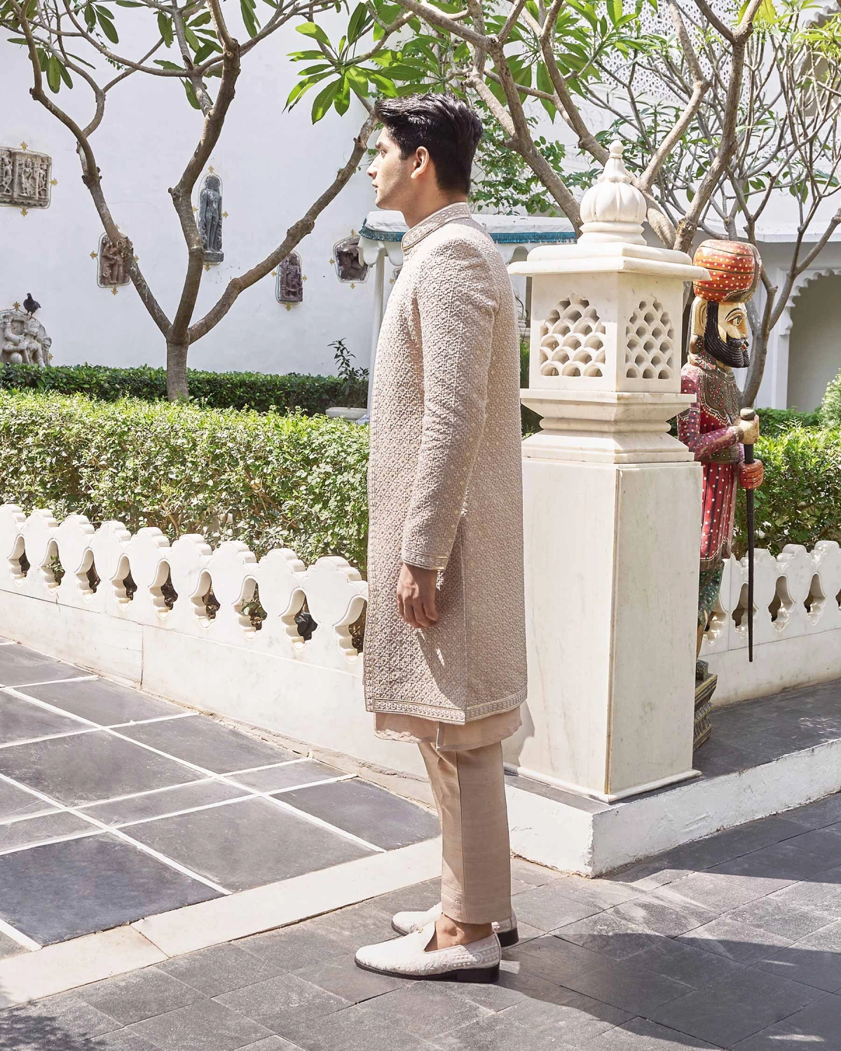 Beigeish Grey Raw Silk Open Sherwani for Men with Chrome Applique Work