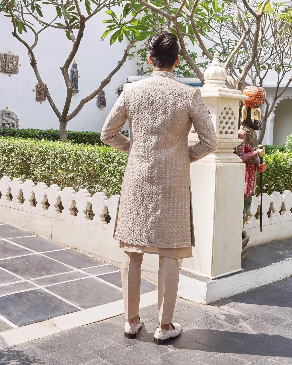 Beigeish Grey Raw Silk Open Sherwani for Men with Chrome Applique Work