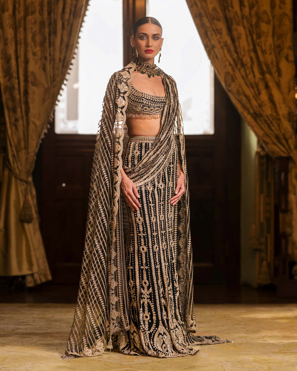 Marion Black Fitted Lehenga Set With Golden Embroidery & Mirrors