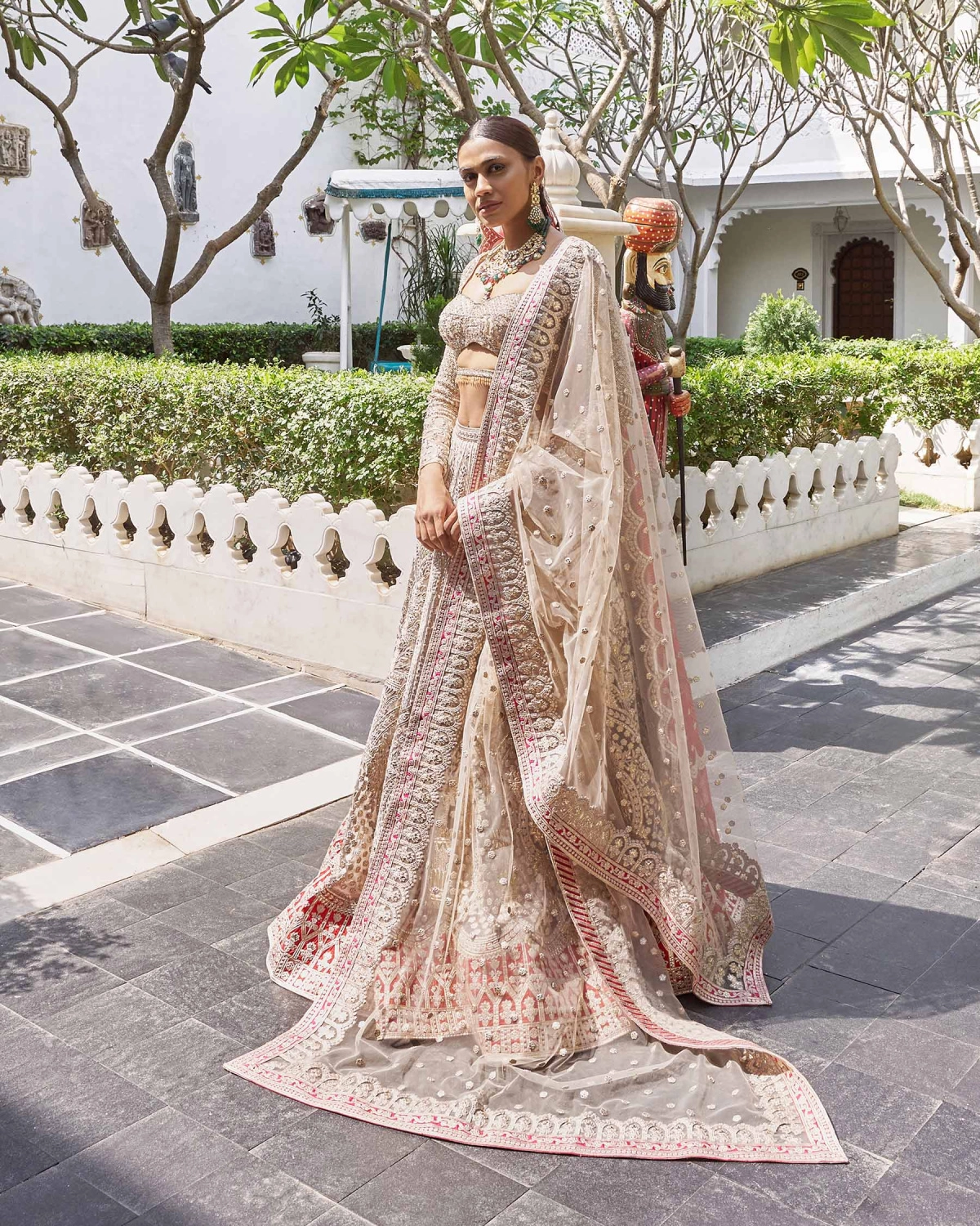 Kamal Beigeish Grey Tulle Lehenga Set With Pure Silk Red Border