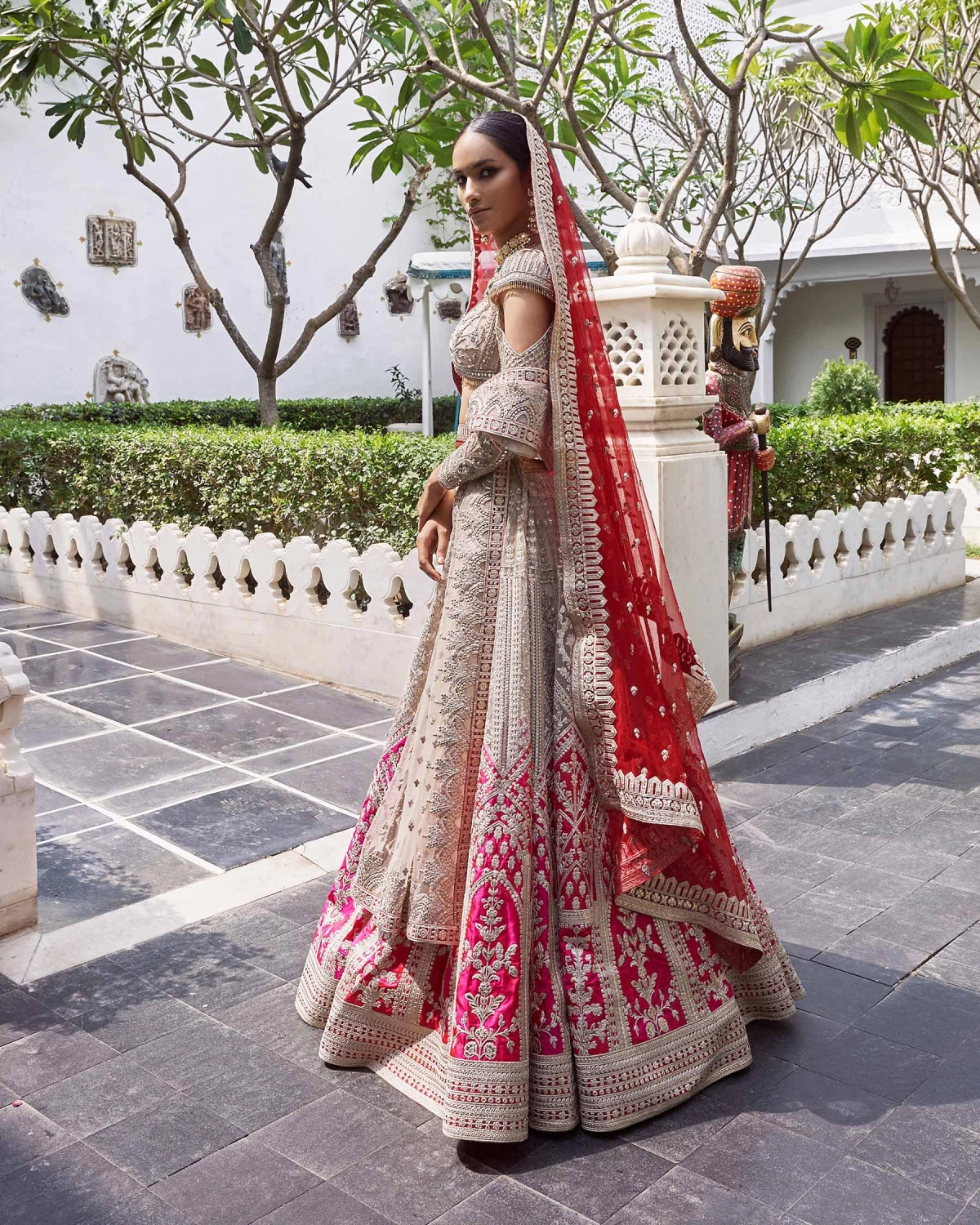 Kaira Beigeish Grey Tulle Lehenga Set With Pure Silk Pink Border