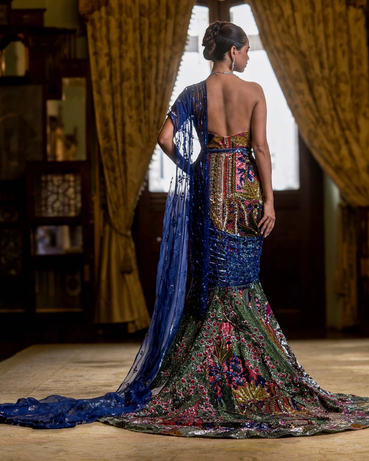 Eliane Multicoloured, Fitted, Off-shoulder Gown