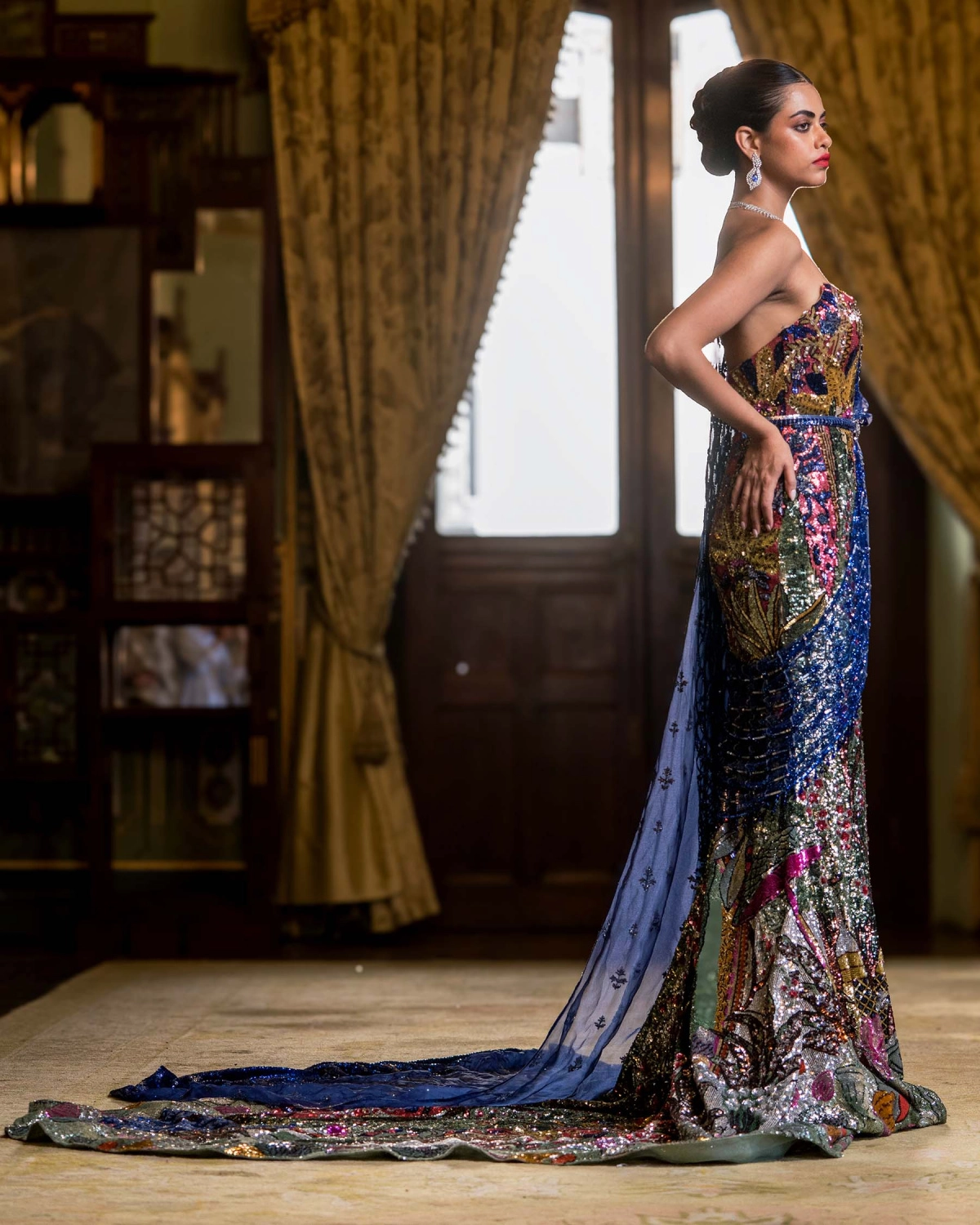 Eliane Multicoloured, Fitted, Off-shoulder Gown