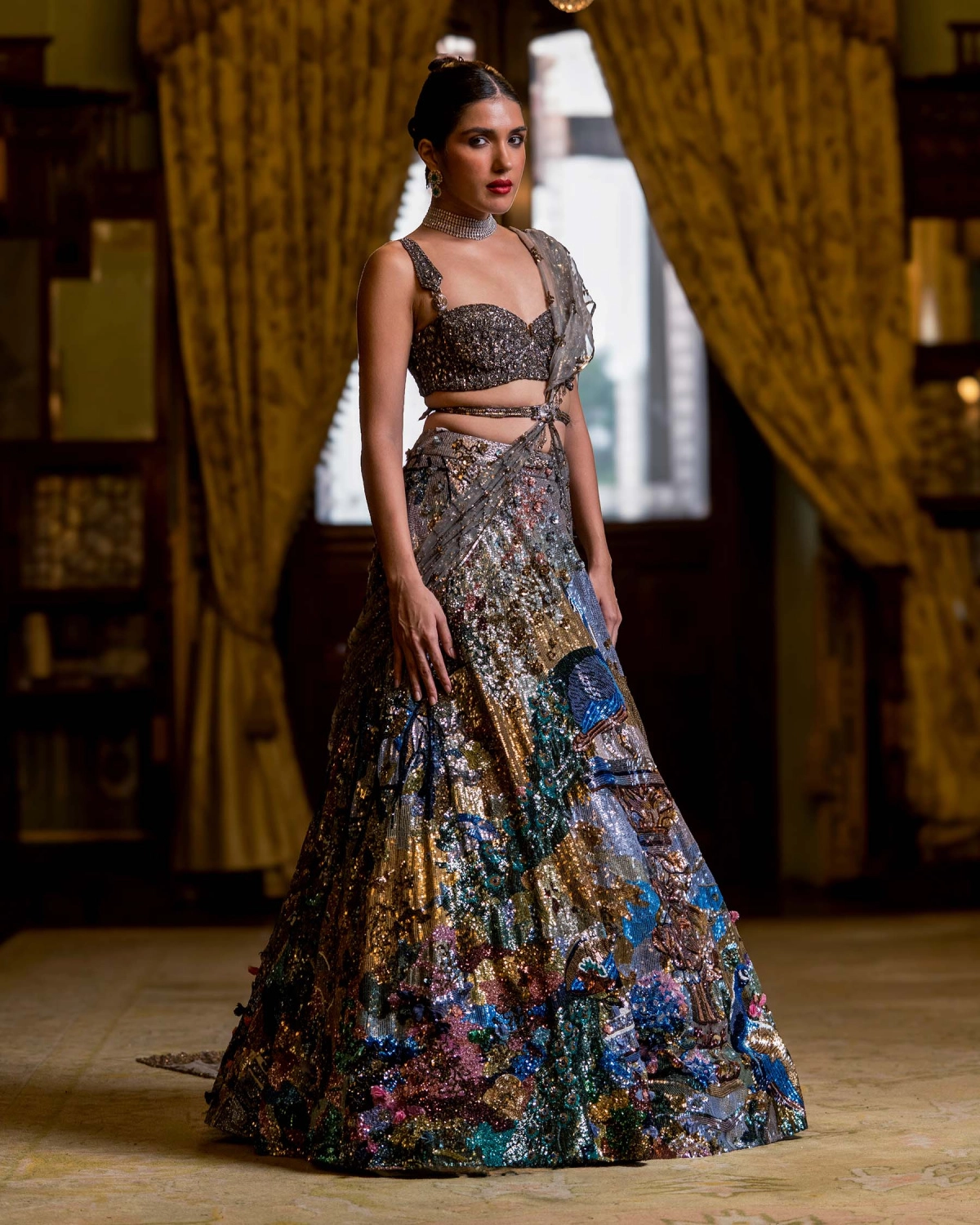 Anais Multicoloured Lehenga Set With Peacock Embroidery