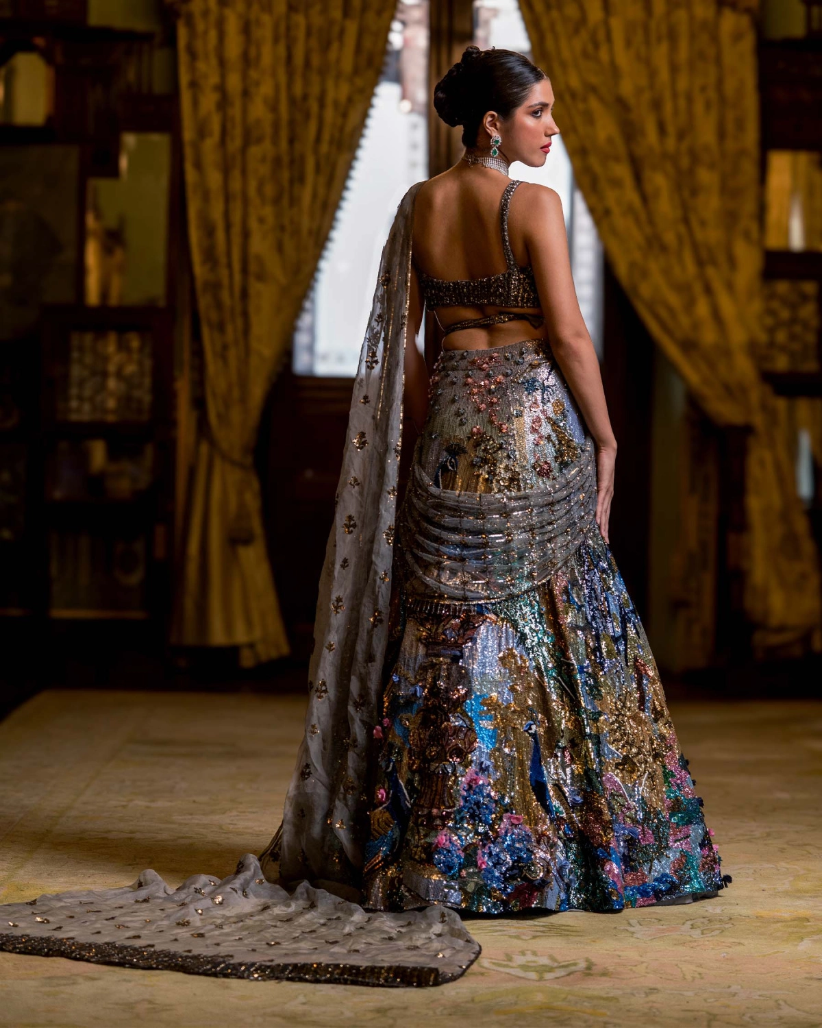 Anais Multicoloured Lehenga Set With Peacock Embroidery