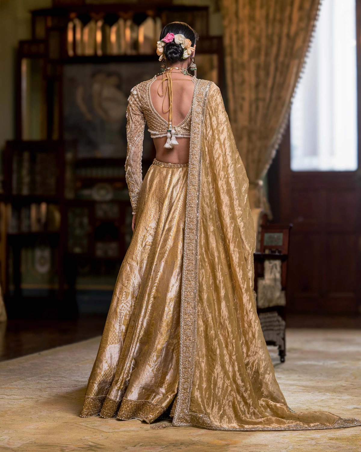 Eleanor Golden Banarasi Silk Lehenga Set With Animal Motifs