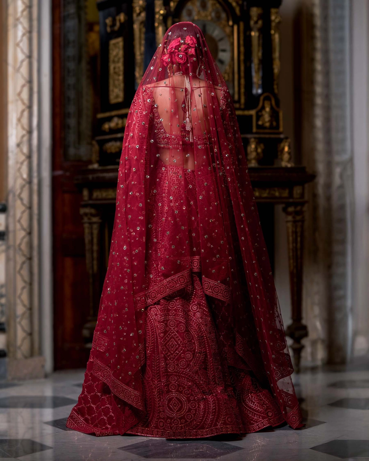 Apolline Pompeian Red Lehenga Set With Golden Regal Appliqué