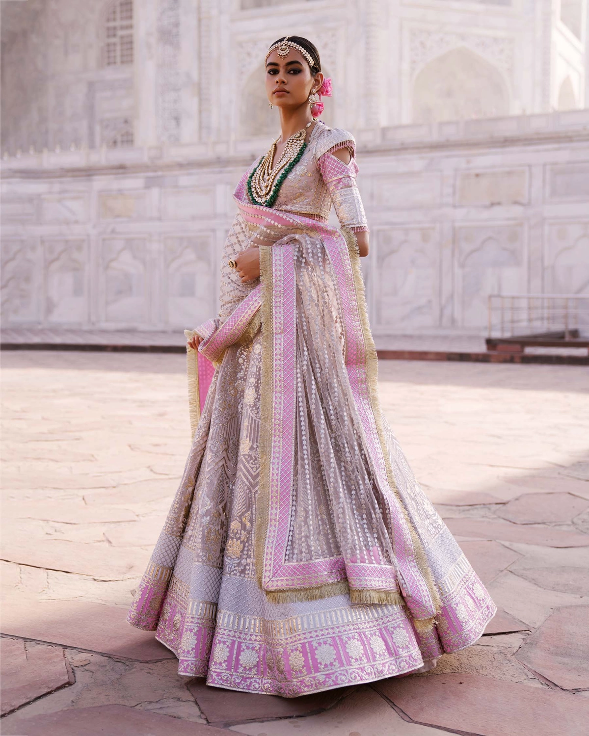Valentina Light Mauve-based, Light Gold Chrome Applique Lehenga Set