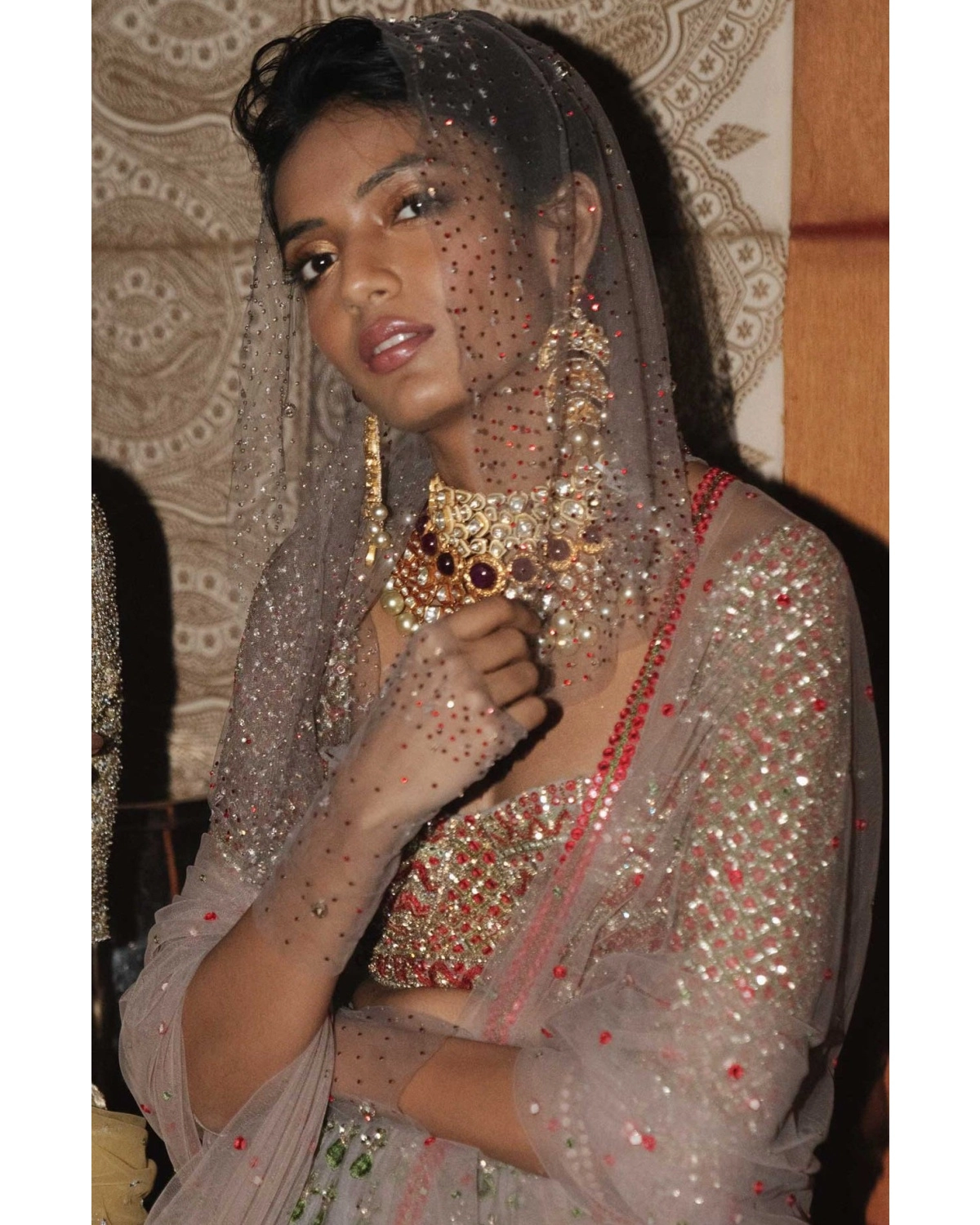 Veda Beige Red Pink Embroider Lehenga Set