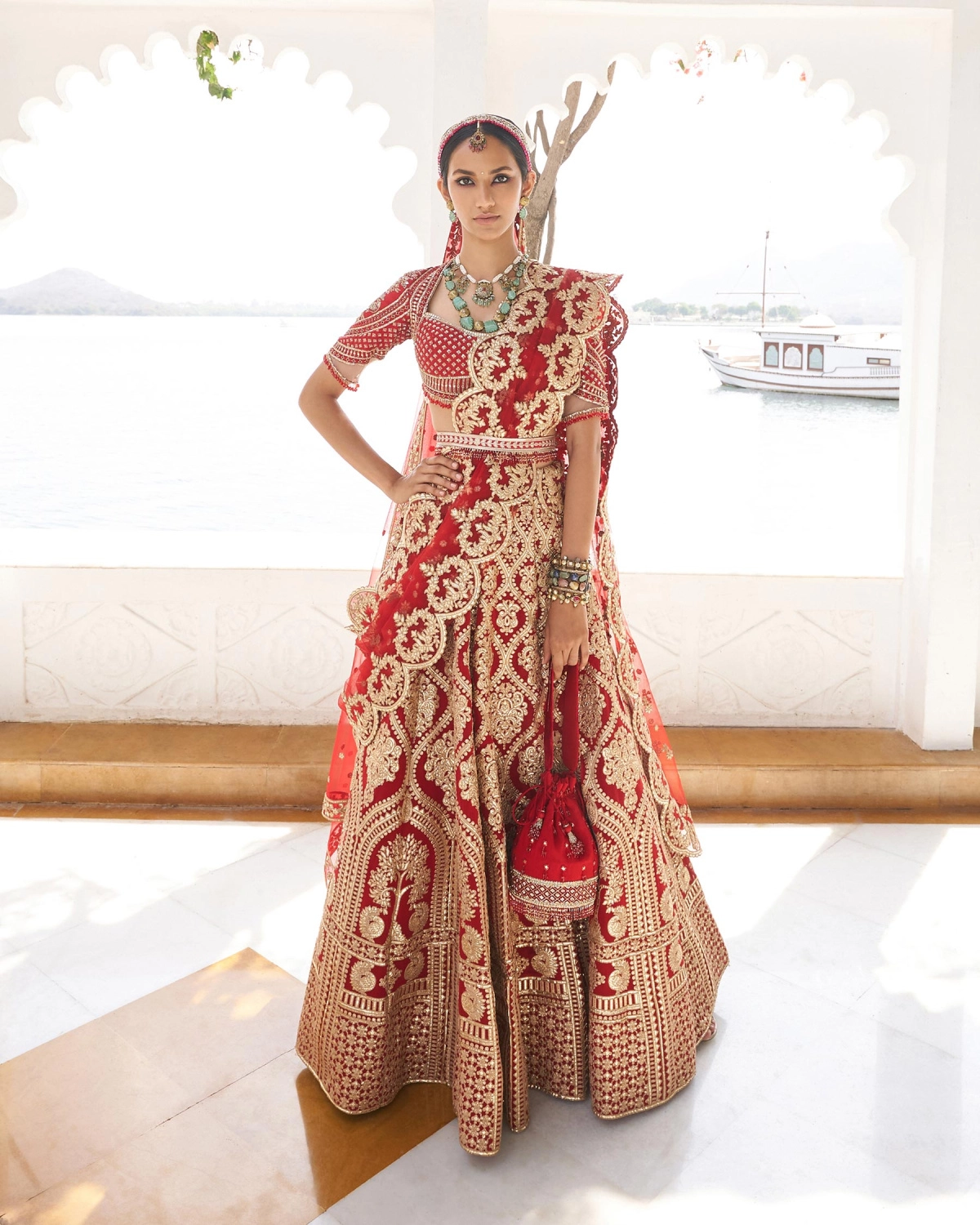 Arunima Red Chrome Applique Lehenga Set With Silk Threads