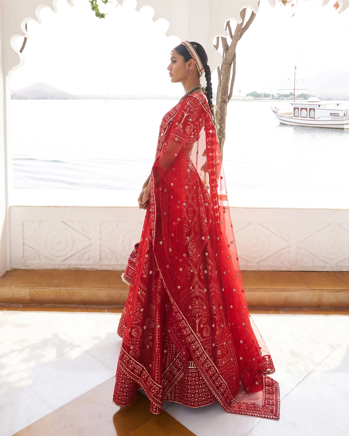Brinda Red Chrome Applique Lehenga Set With Arch Motifs