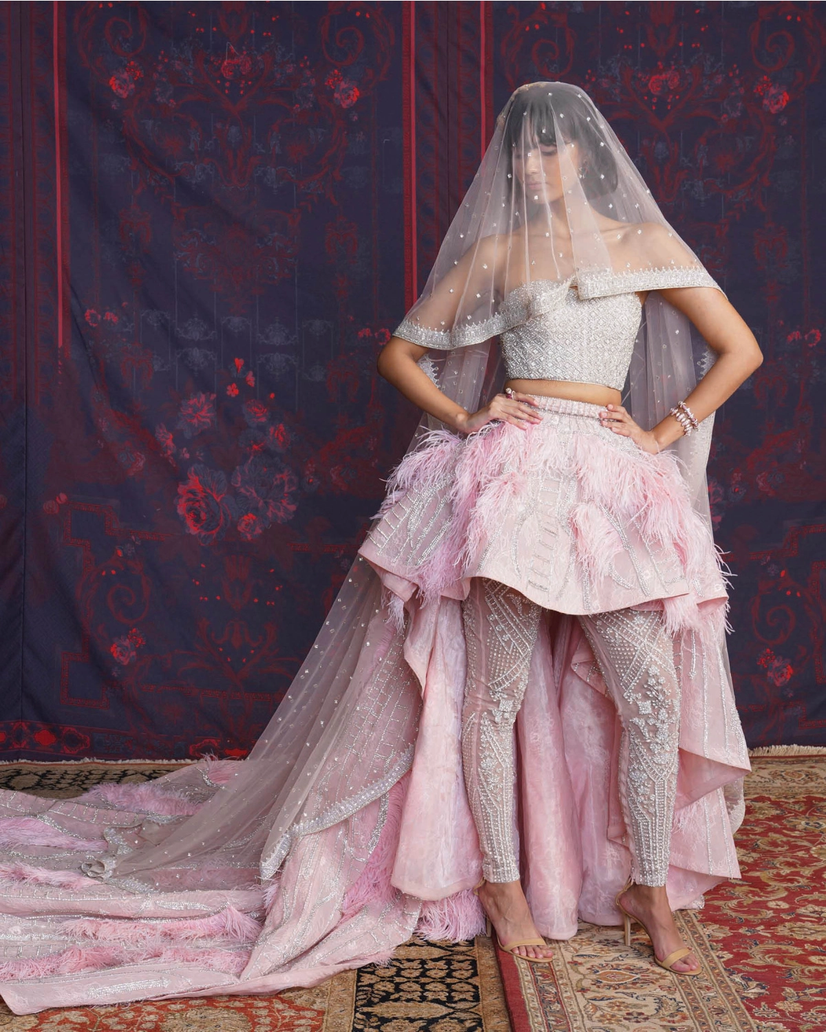 Esme Pink Asymmetrical Lehenga Set With An Off-shoulder Corset