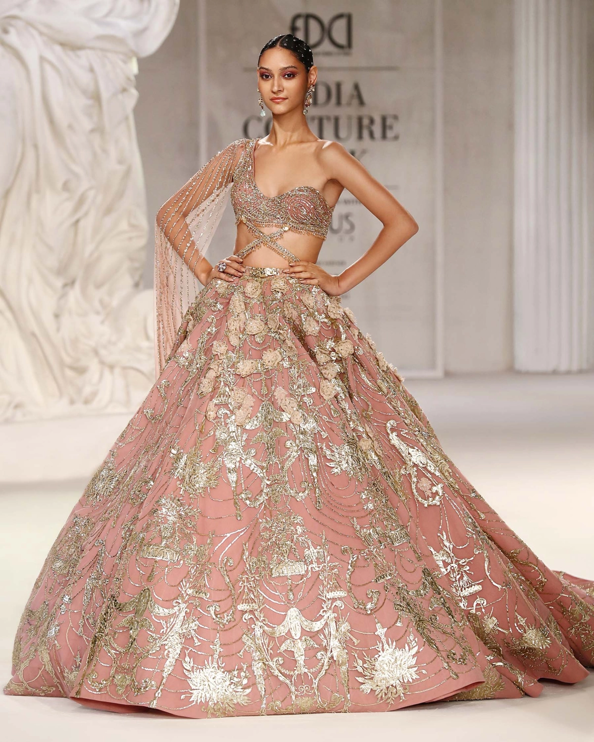Mae Coral-hued, Light Gold Chrome Applique Lehenga Set