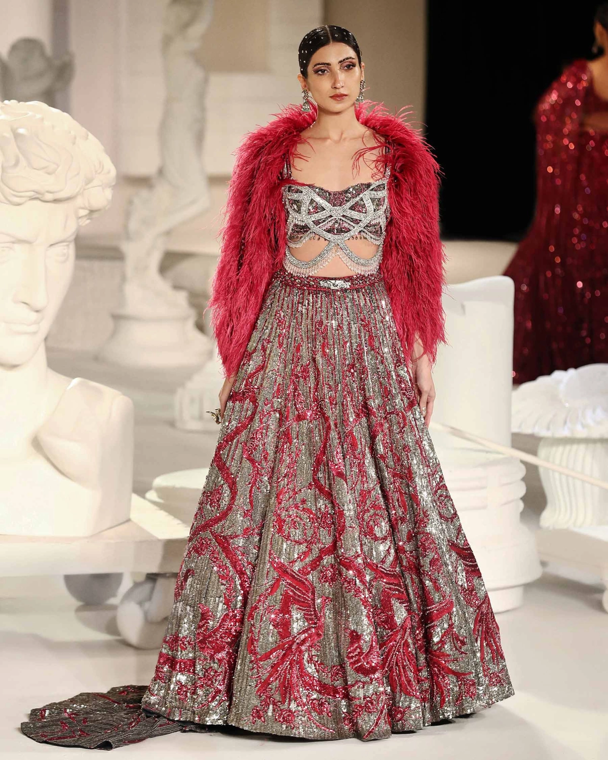 Macy Lehenga Set Silver Red Intricate Foliage Bird Motifs