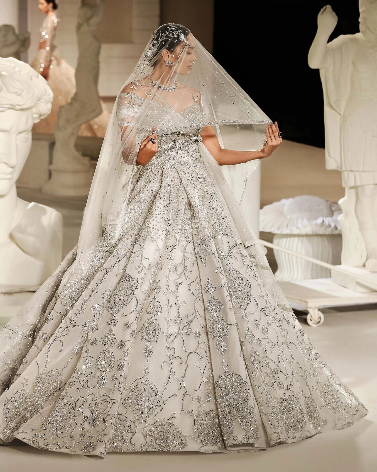 Loria Ivory Silver Gown with Foliage Motifs, Crystal Embellishments & Tulle Dupatta