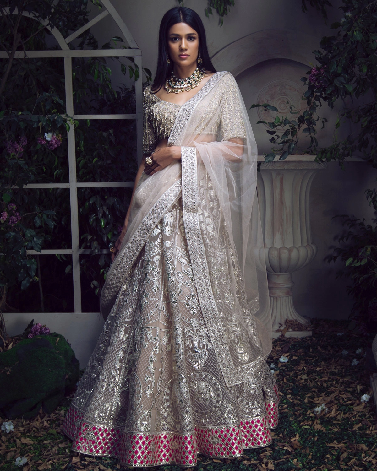 Joyanna Beige & Hot Pink Chrome Applique Lehenga Set