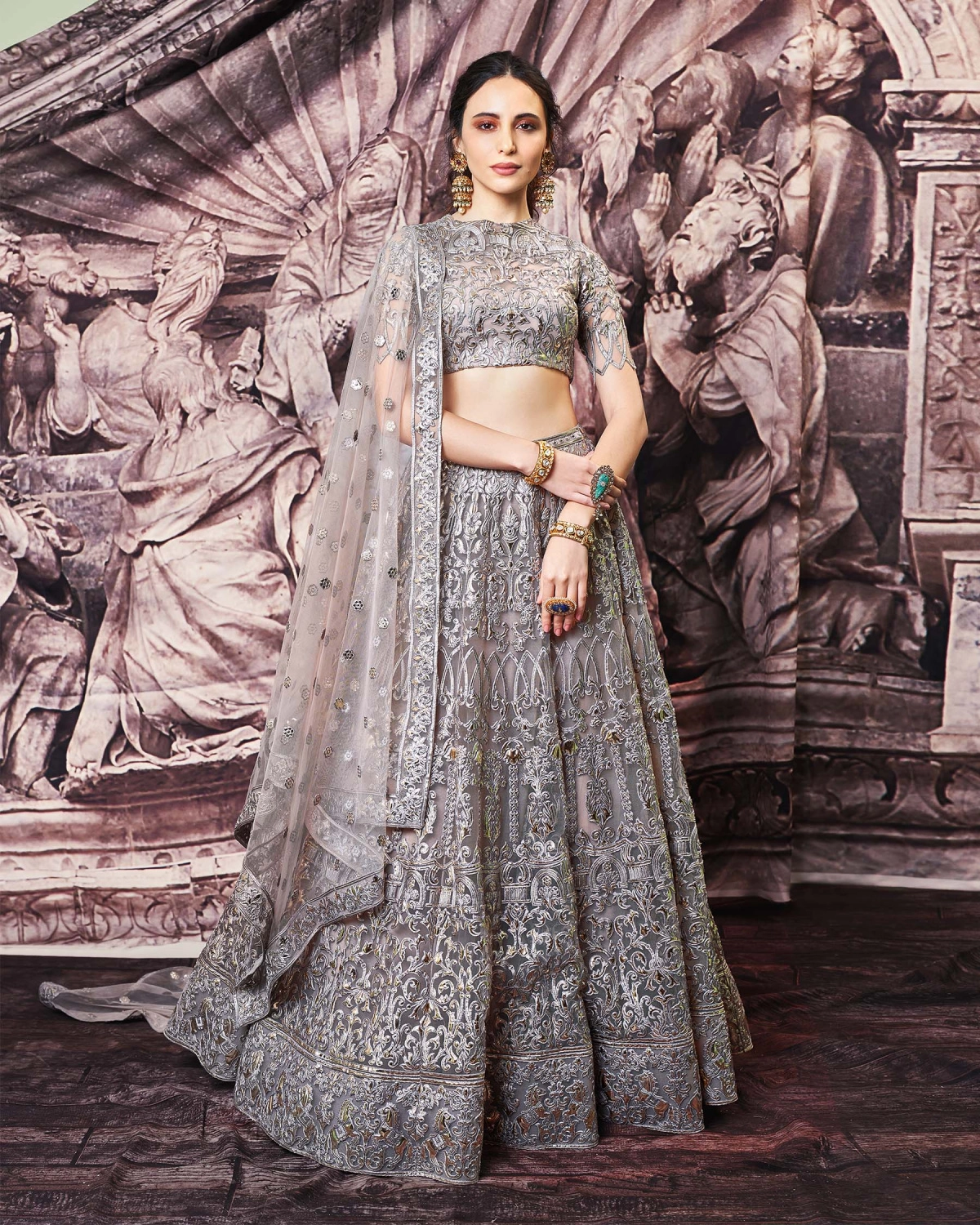 Kelsey Greyish-brown, Golden Foil Lehenga Set