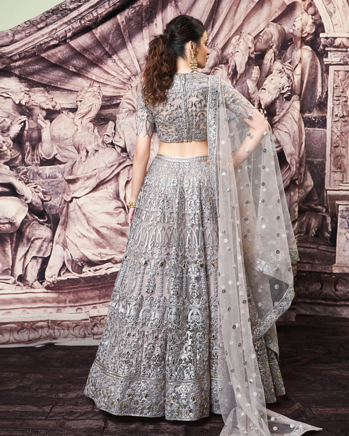 Kelsey Greyish-brown, Golden Foil Lehenga Set