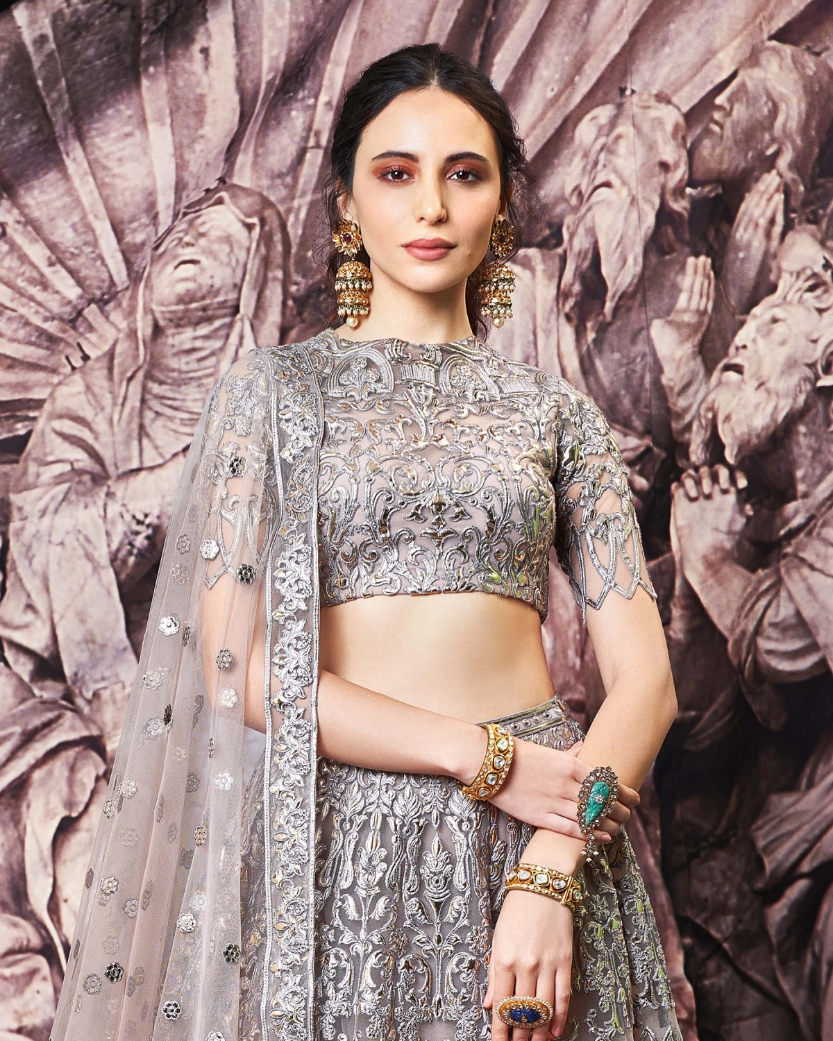 Kelsey Greyish-brown, Golden Foil Lehenga Set