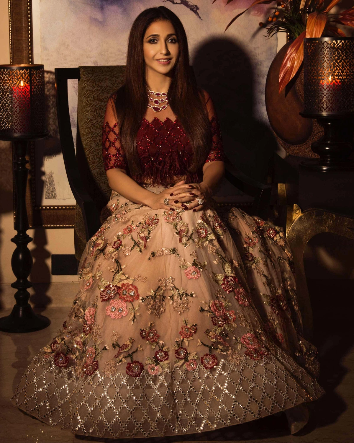 Red Pink Floral  Lehenga Set