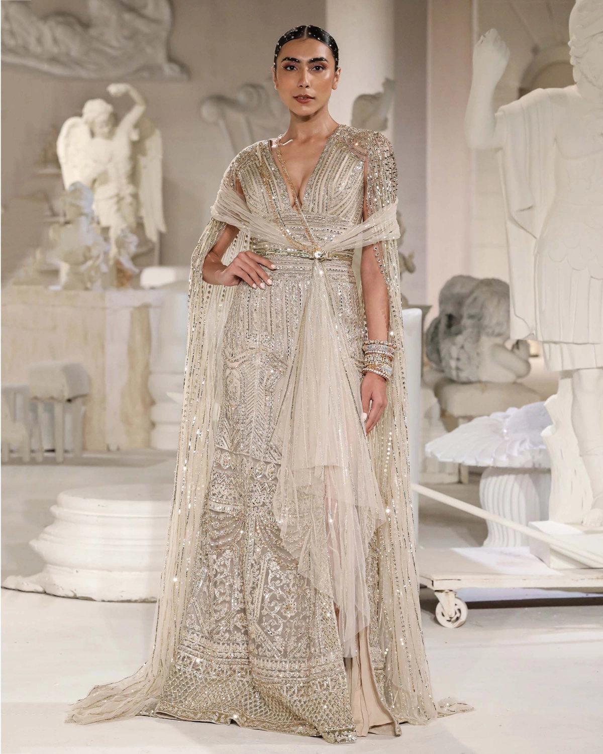 Lara Light Beige Fitted Gown with Chrome Applique, Foliage Motifs
